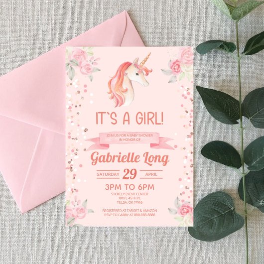 Invitation Parties scintillant Unicorne rose Baby shower fill