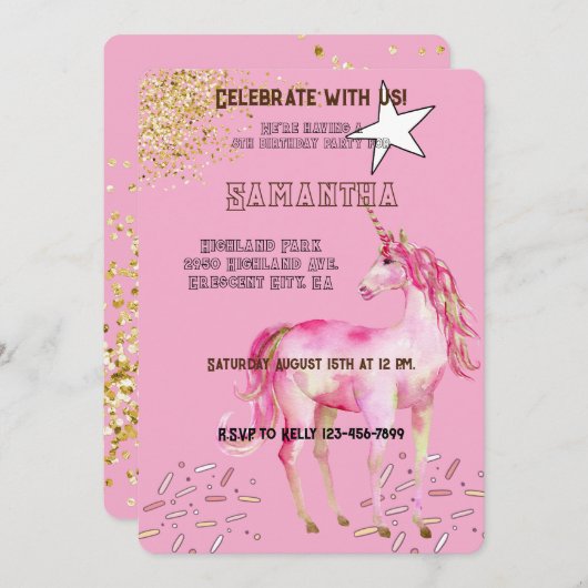 Invitation Parties scintillant Unicorne Rose or Anniversaire (Devant / Derrière)