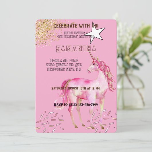 Invitation Parties scintillant Unicorne Rose or Anniversaire (Debout devant)