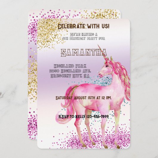 Invitation Parties scintillant Unicorne Rose or Anniversaire (Devant / Derrière)