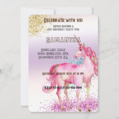 Invitation Parties scintillant Unicorne Rose or Anniversaire (Devant)