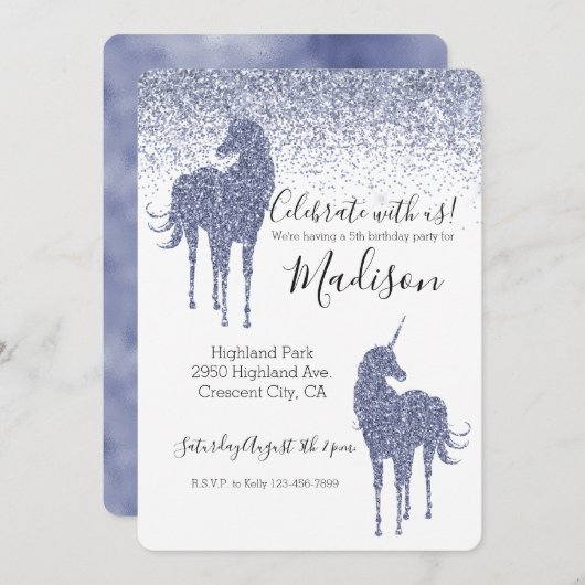 Invitation Parties scintillant Unicorne violette (Devant / Derrière)