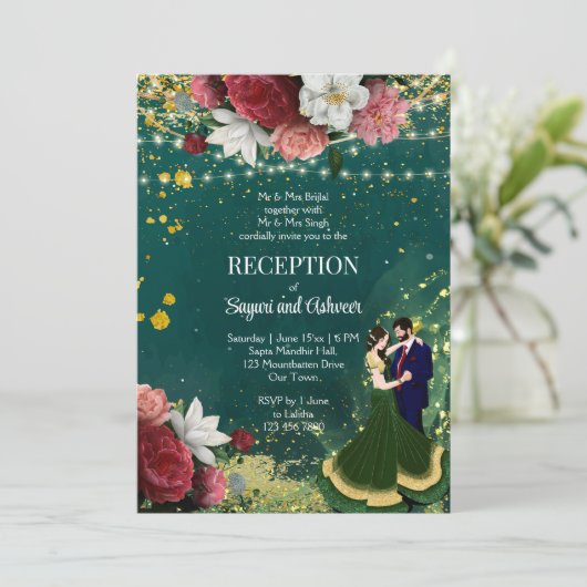 Invitation Parties scintillant vert émeraude réception couple (Debout devant)