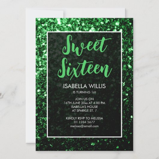 Invitation Parties scintillant vert foncé pétillant Sweet 16 (Devant)