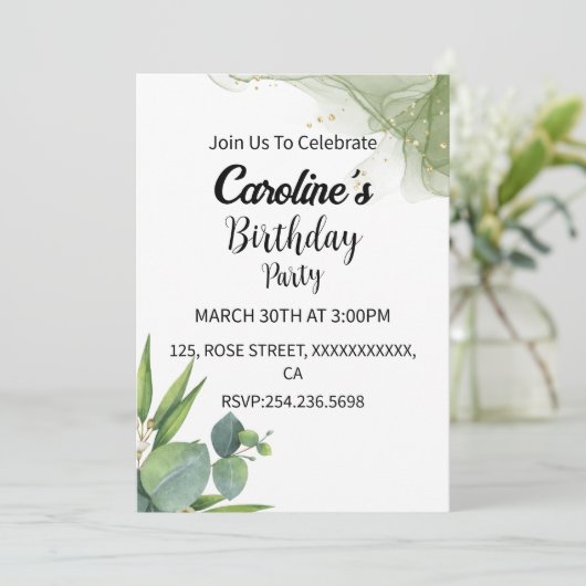 Invitation Parties scintillant vert & gris forme fleurs anniv (Debout devant)