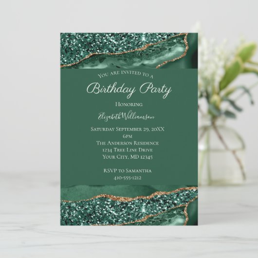 Invitation Parties scintillant Vert Or Agate Marbre Pour Son  (Debout devant)