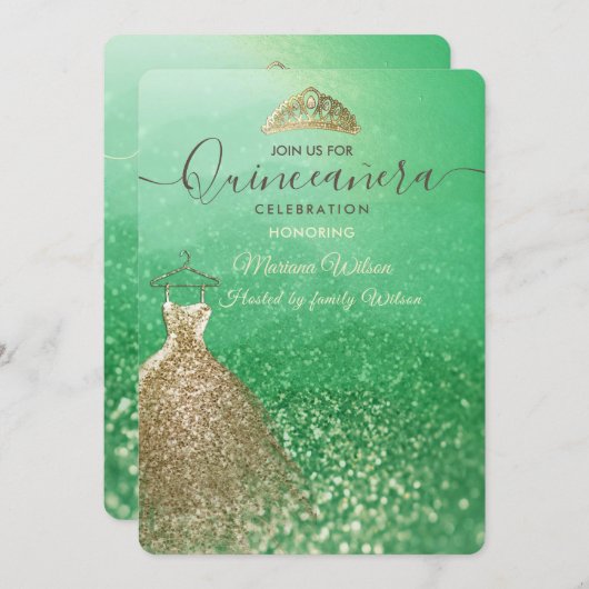 Invitation Parties scintillant verte chic Robe or tiara Quinc (Devant / Derrière)