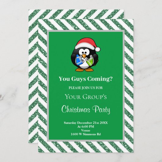 Invitation Parties scintillant verte encadrée Funny Christmas (Devant / Derrière)