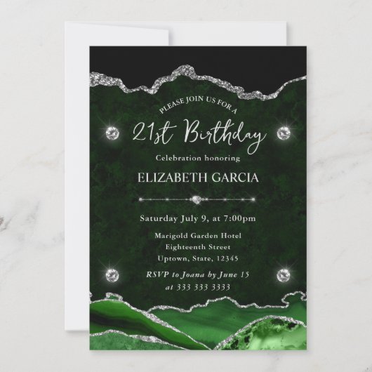 Invitation Parties scintillant verte et argent Agate 21e anni (Devant)