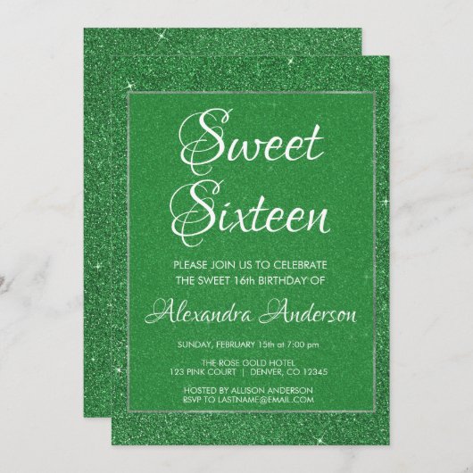Invitation Parties scintillant verte et étincelle douce 16 fê (Devant / Derrière)