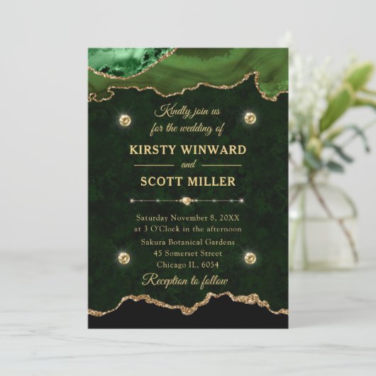 Invitation Parties scintillant verte et or Agate Marbre Maria (Debout devant)