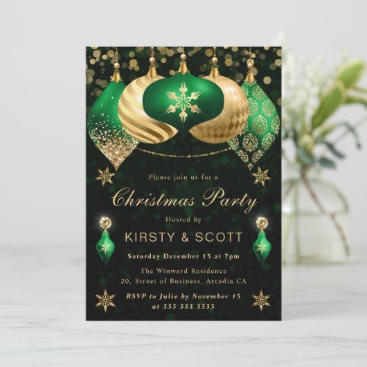 Invitation Parties scintillant verte et or Baubles Noël fête (Debout devant)