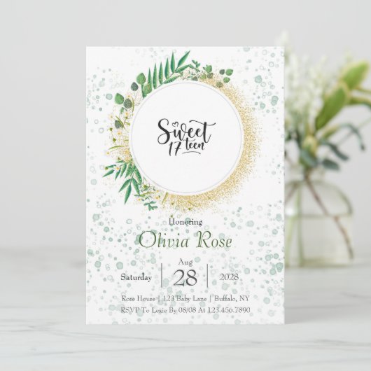 Invitation Parties scintillant verte et or Douce 17e fête d'a (Debout devant)