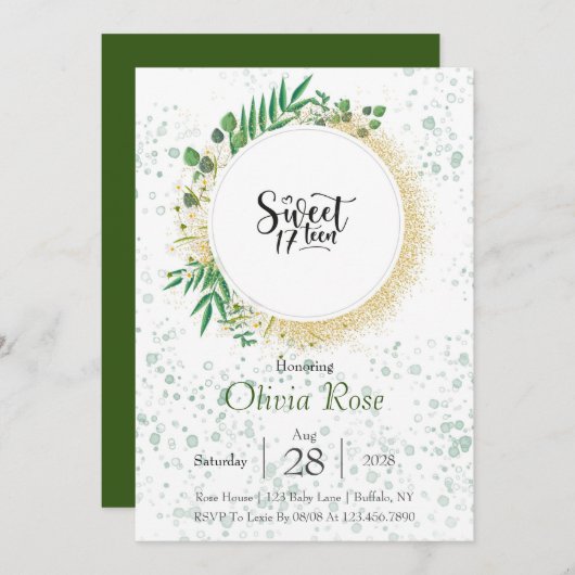 Invitation Parties scintillant verte et or Douce 17e fête d'a (Devant / Derrière)