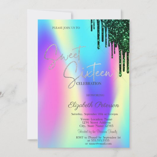 Invitation Parties scintillant verte gouttes holographique su (Devant)