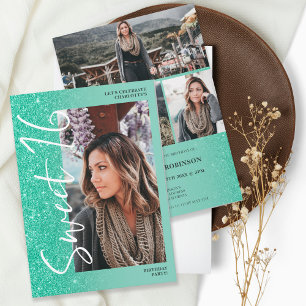 Invitation Parties scintillant verte ombre script 4 photos Sw