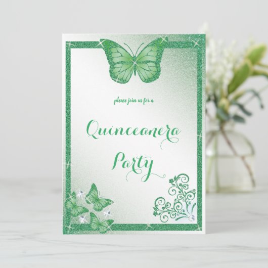 Invitation parties scintillant verte papillon quinceanera (Debout devant)