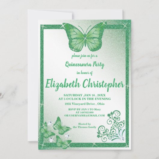 Invitation parties scintillant verte papillon quinceanera (Dos)