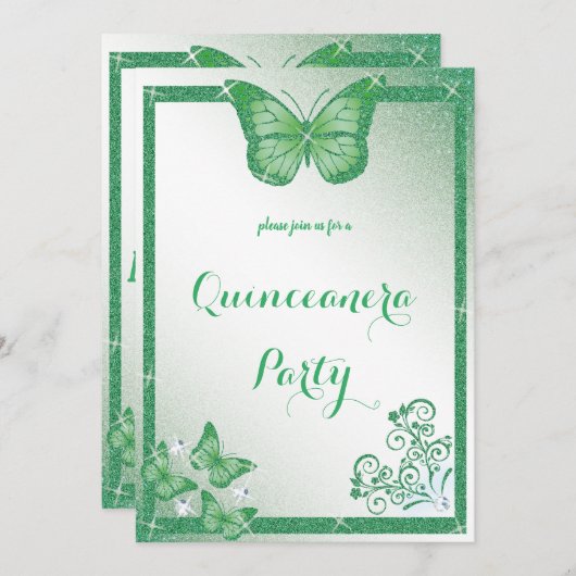 Invitation parties scintillant verte papillon quinceanera (Devant / Derrière)
