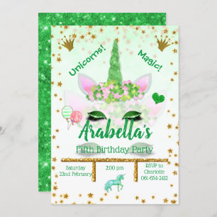 Invitation Parties scintillant verte personnalisée Unicorn An