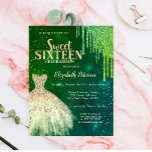 Invitation Parties scintillant verte, Robe d'or Stars doux 16<br><div class="desc">Elégante robe or et parties scintillant verte goutte sur un arrière - plan vert.</div>
