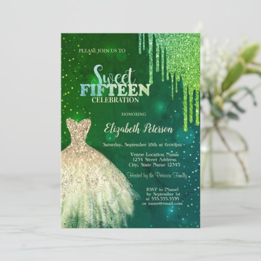 Invitation Parties scintillant verte, Robe d'or Stars Quincea (Debout devant)