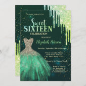 Invitation Parties scintillant verte, Robe verte Douce 16 (Devant / Derrière)
