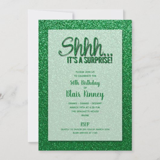 Invitation Parties scintillant verte SURPRISE Anniversaire (Devant)
