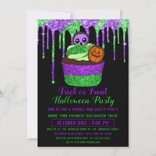 Invitation Parties scintillant verte violet de néon Cupcake H (Devant)