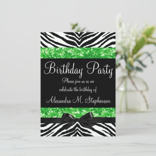 Invitation Parties scintillant verte Zebra Bow Custom Girl An (Debout devant)