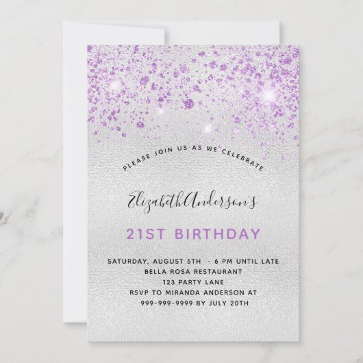 Invitation Parties scintillant violet argent d'anniversaire (Devant)