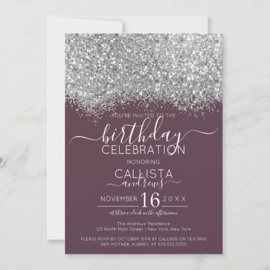 Invitation Parties scintillant violet argent de luxe Confetti (Devant)