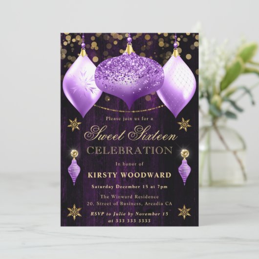 Invitation Parties scintillant violet Baubles Noël Sweet 16 (Debout devant)