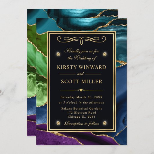 Invitation Parties scintillant violet, bleu et vert Mariage d (Devant / Derrière)