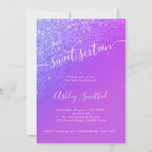 Invitation Parties scintillant violet clair ombre chic script (Devant)