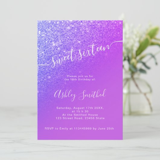 Invitation Parties scintillant violet clair ombre chic script (Debout devant)