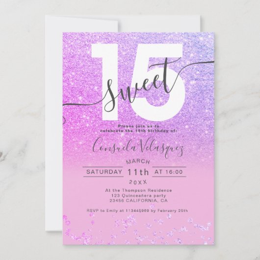 Invitation Parties scintillant violet confetti rose Quinceane (Devant)
