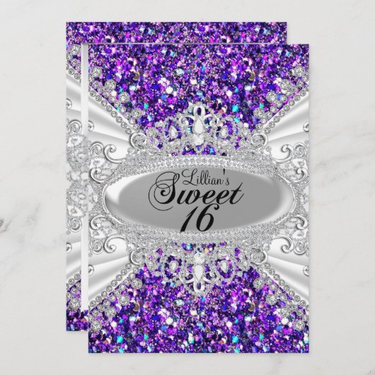 Invitation Parties scintillant violet Diamant Tiara Sweet 16 (Devant / Derrière)