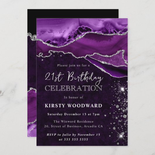 Invitation Parties scintillant violet et argent Agate Anniver (Devant / Derrière)