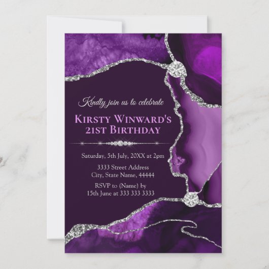 Invitation Parties scintillant violet et argent Agate Anniver (Devant)