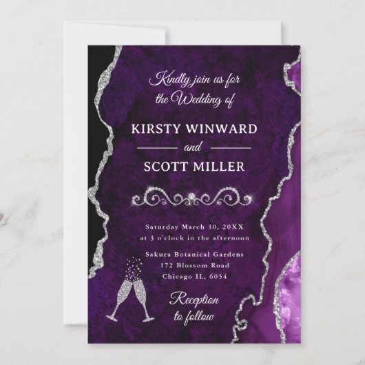 Invitation Parties scintillant violet et argent Agate et Mari (Devant)