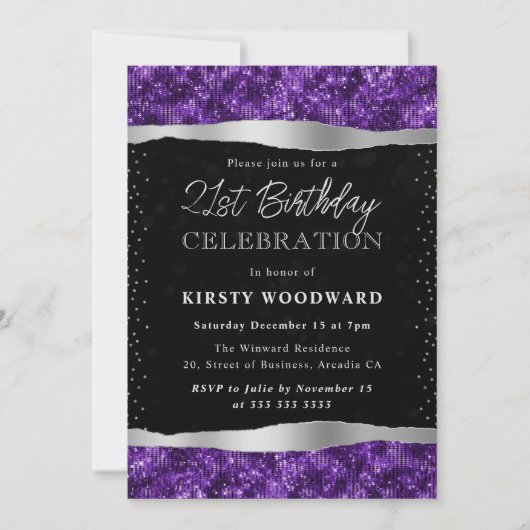 Invitation Parties scintillant violet et noir Shimmer 21e ann (Devant)
