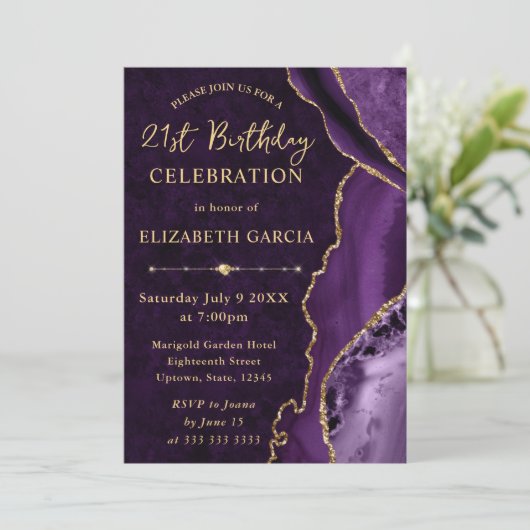 Invitation Parties scintillant violet et or Agate et marbre A (Debout devant)