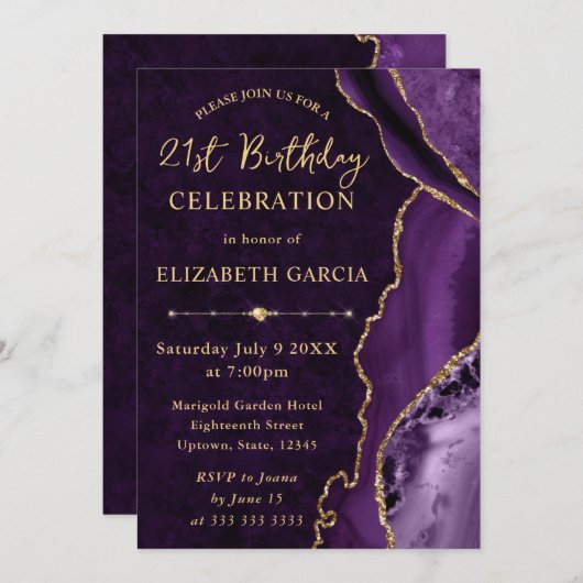 Invitation Parties scintillant violet et or Agate et marbre A (Devant / Derrière)