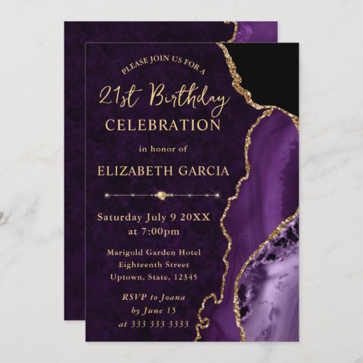 Invitation Parties scintillant violet et or Agate et marbre A (Devant / Derrière)
