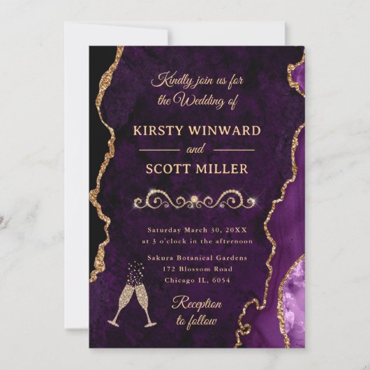 Invitation Parties scintillant violet et or Agate et marbre M (Devant)