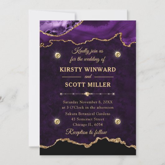 Invitation Parties scintillant violet et or Agate Marbre Mari (Devant)