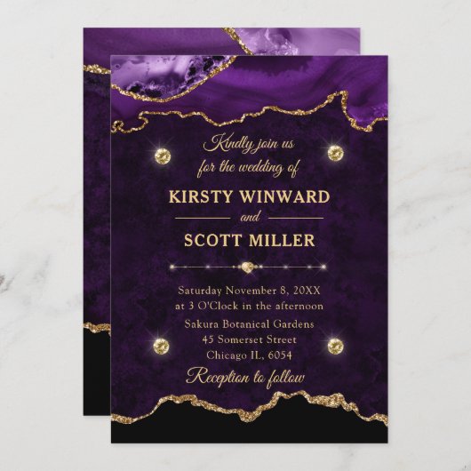 Invitation Parties scintillant violet et or Agate Marbre Mari (Devant / Derrière)