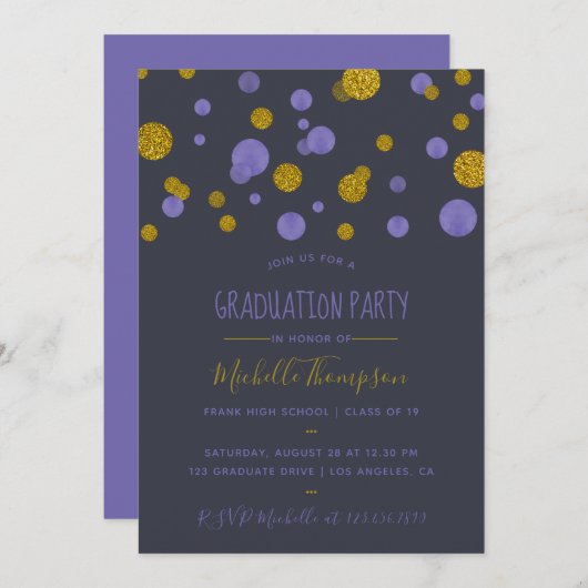 Invitation Parties scintillant violet et or Confetti Graduati (Devant / Derrière)