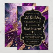 Invitation Parties scintillant violet et or Encre d'alcool 21 (Devant / Derrière)